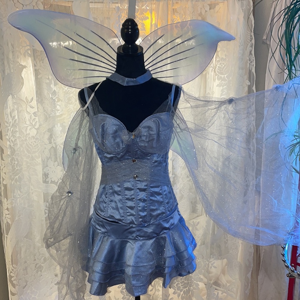 Blue Silver Fairy Costume Dress with Sheer Sleeves